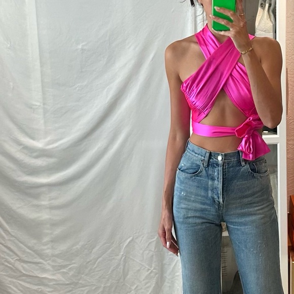 We Are Leone Pink Silk Wrap Crop Top S/M - Picture 4 of 5